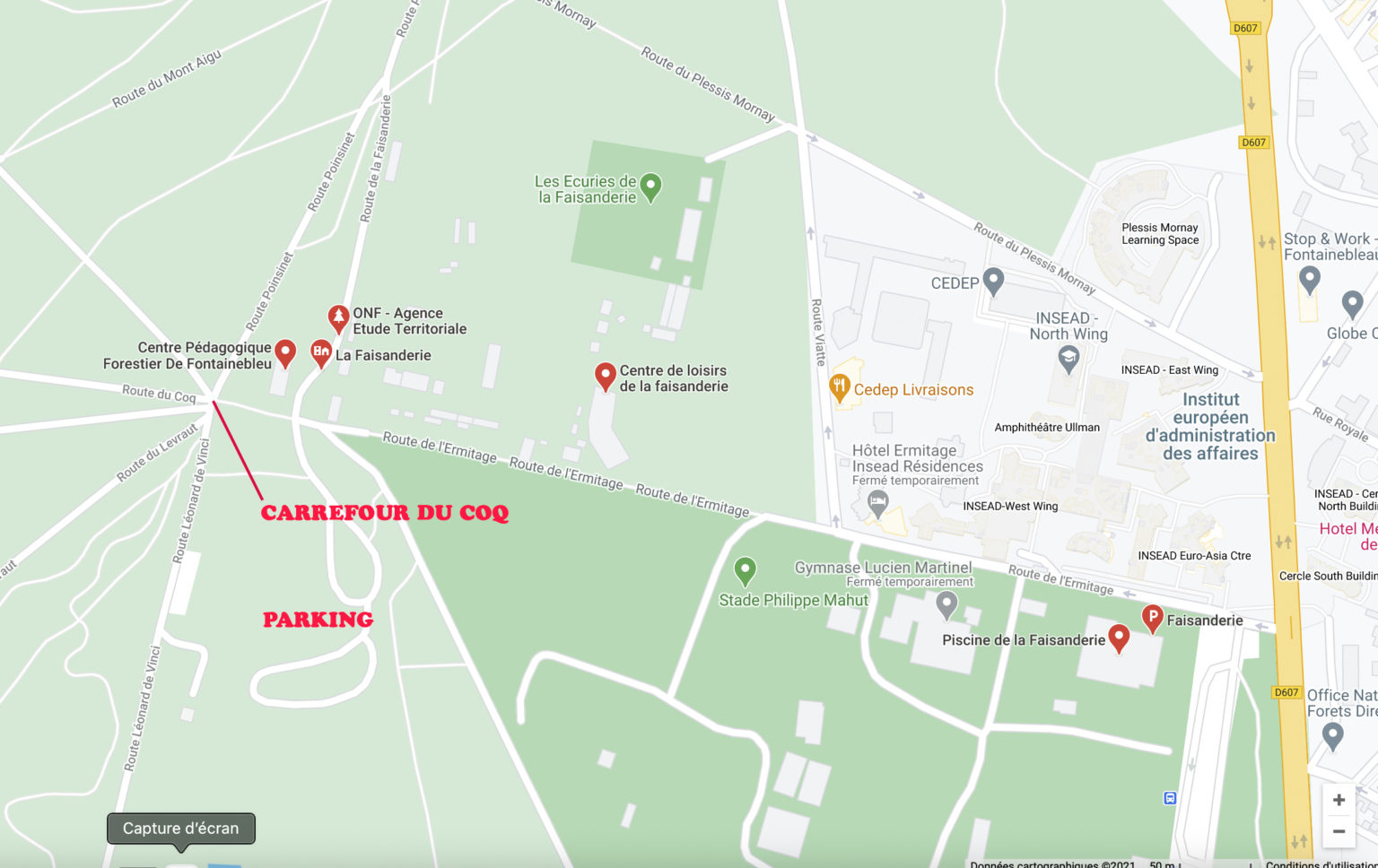 Parking de la Faisanderie situé à Fontainebleau, attention l’accès se